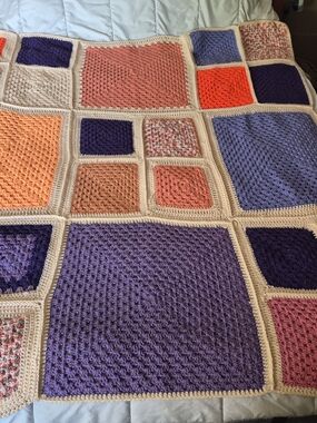 Handmade Crochet Patchwork Throw Blanket in Purple, Peach & Cream